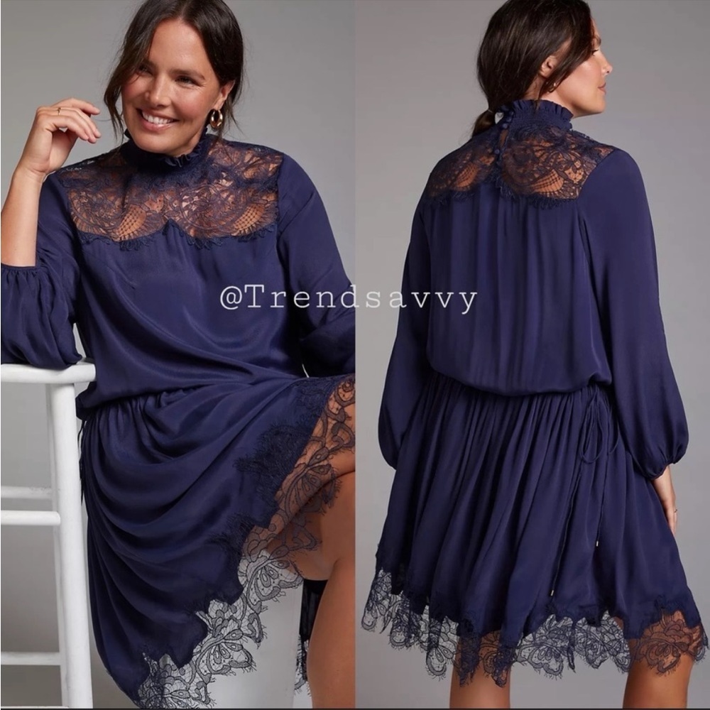 Anthropologie Magali Pascal Silk Lace Mini Dress Navy Boho Romantic 2x Nwt